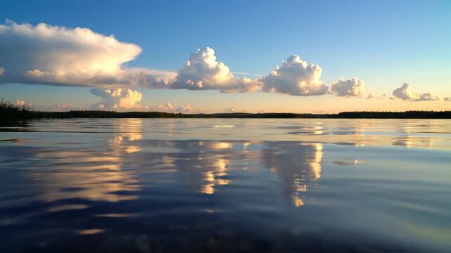 Clouds and a line of trees reflect on still water at sunset, with the horizon stretching across a flat landscape under an open sky