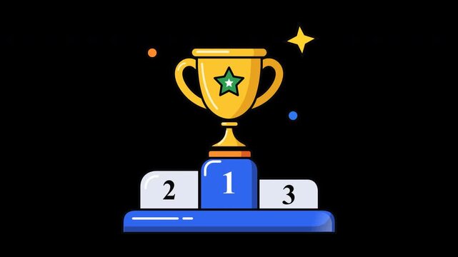 Animated golden trophies on the first, second, and third place winners podium with sparkling sparkles, slowly rotating dots, and soft light.