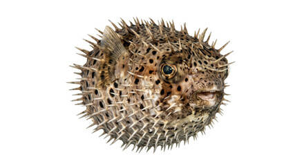 Close-up portrait of a spiny pufferfish with spotted skin isolated on a black background © Ophelia