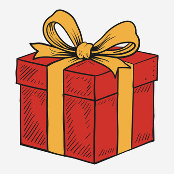 Vintage hand drawn red gift box with golden bow illustration