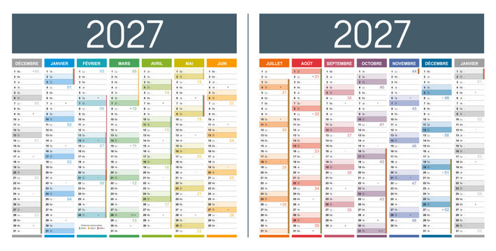 Calendrier Fran&ccedil;ais 2027 modifiable vectoriel, grand format France. Mod&egrave;le personnalisable pour bureau