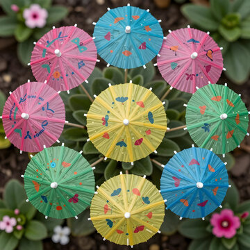 Summer vacation and tropical party concept, colorful cocktail umbrellas arranged in a circle over green garden foliage for festive holiday celebration