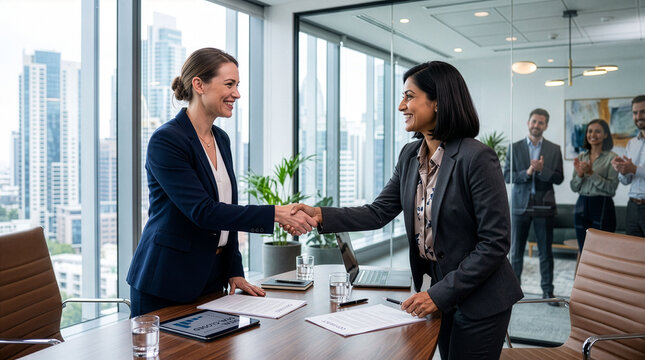 Two Businesswomen Shaking Hands to Close Deal in Corporate Office. 