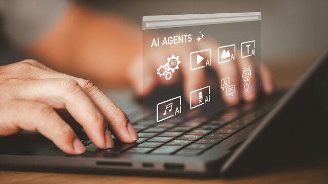 Close-up of person typing on laptop keyboard with digital interface showing AI agents and workflow icons. Concept of modern technology, artificial intelligence, and smart digital business solutions.
