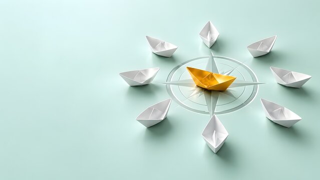 Golden origami boat on a compass rose surrounded by a circle of white paper ships with copy space representing business leadership, strategic direction, and guidance