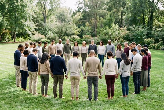 Mid range shot of a group standing together in silent prayer outdoors. Bright daylight style for community remembrance and All Saints Day ads.