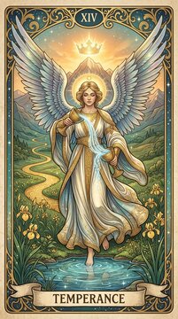 Temperance tarot card major arcana illustration showing a winged angel standing in water pouring liquid between two golden chalices with mountains behind.   