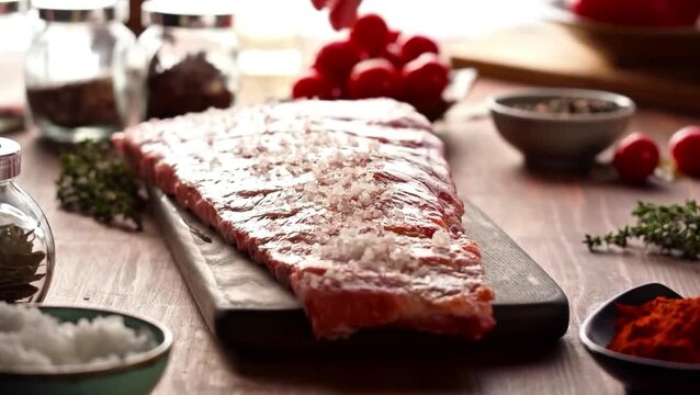 4K Video showing a raw beef steak on a wooden cutting board, ready for seasoning and cooking.