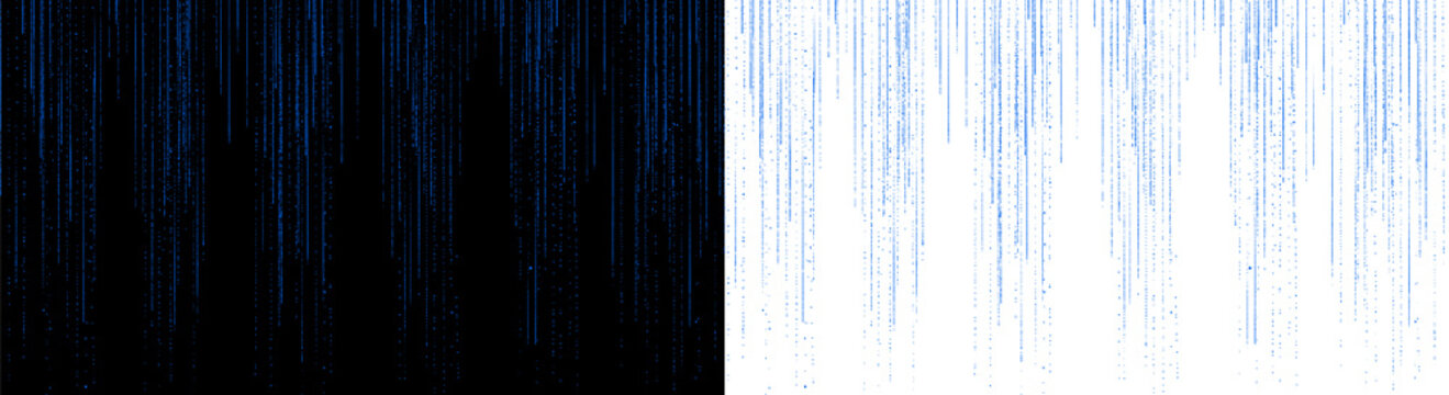 Abstract digital particle rain background, glowing blue dots lines falling down isolated on transparent background
