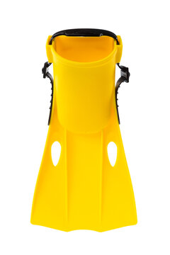 Yellow swimming fin with black adjustable strap displayed against a white background
