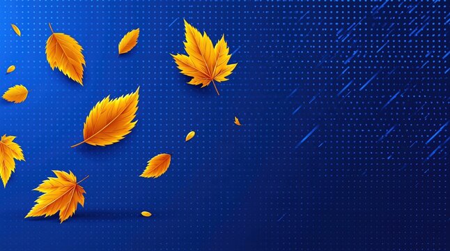 Autumn leaves falling on a blue dotted background with diagonal lines