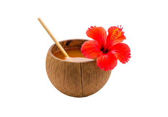 Coconut drink with hibiscus flower and straw isolated on transparent background png © Md