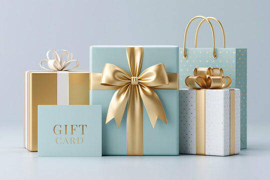 Wrapped gift boxes with gold ribbons and a gift card sitting on a plain clean background for ads, sale, Black Friday shopping, birthday gift, Christmas sale concept