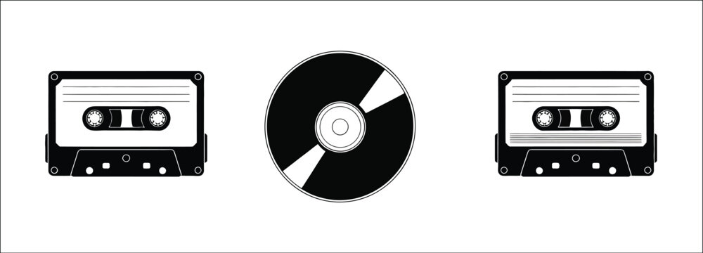 Retro cassette tape and compact disc icon set, black and white vector illustrations representing vintage audio technology, music recording, playback and nostalgic media.