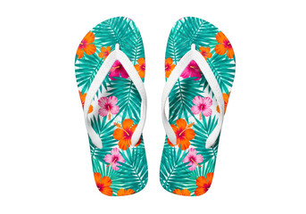 Colorful tropical flip flops with hibiscus flowers design isolated on transparent background png © Md