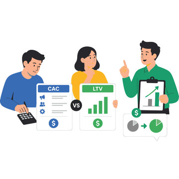 Flat vector illustration of people comparing CAC and LTV metrics