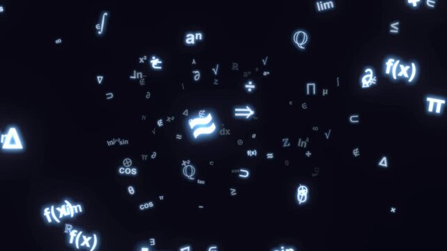 Glowing Mathematical Symbols and Formulas Floating in Dark Space with Futuristic Blue Light Animation
