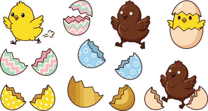 Cute Easter Chick Vector Set Featuring Yellow and Chocolate Chicks Hatching From Colorful Broken Eggshells for Spring Holiday Greeting Card Designs