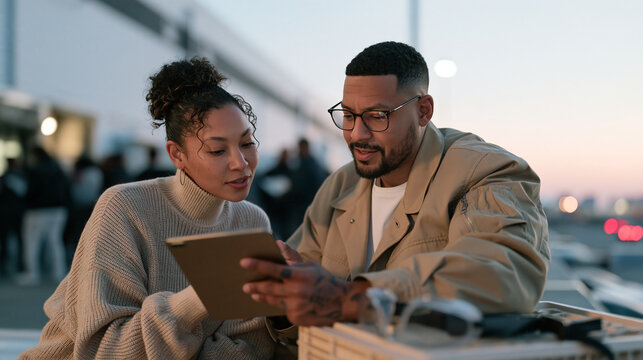 A sustainability consultant and a startup co founder wait out a shipping delay at a twilight blue hour loading dock safety goggles resting on a crate beside them a crowd of early