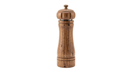 Rustic wooden pepper mill isolated against a black background for kitchen seasoning © Ophelia