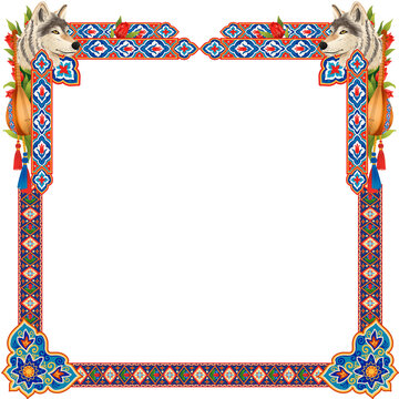 Turkish culture frame border with bozkurt grey wolf saz baglama lute and iznik tile pattern illustration