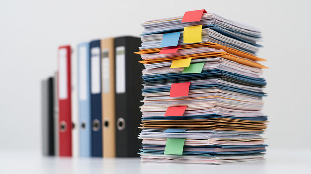 High pile of thick paper folders and business records arranged in slightly staggered layers on a white tabletop, dramatic low side angle highlighting the volume of paperwork, colorful red blue yello