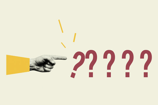 Human hand pointing finger at multiple question marks on light background