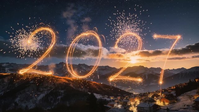 Sparking numerals 2027 with bursts igniting sending gold sparks for New Year over alpine town night