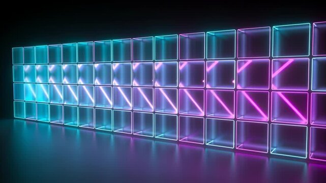 Starting animation, gallery wall sending right neon sweep mixing cyan to magenta, reflecting floor
