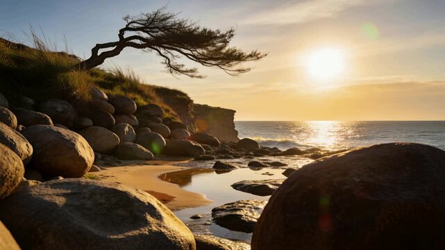 Displaying large boulders, windswept tree and tidal pool reacting to sun sinking at coastal cliff