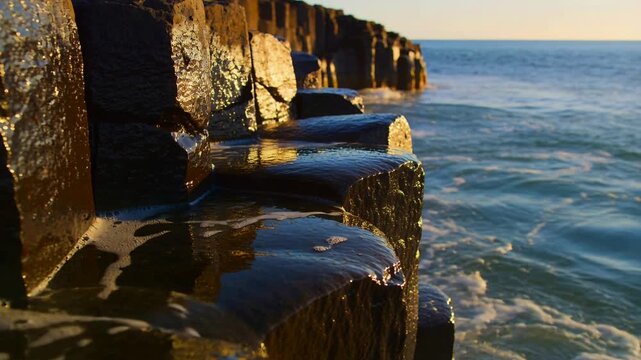Advancing surf sending seawater cascading over basalt columns at waterline reflecting golden light
