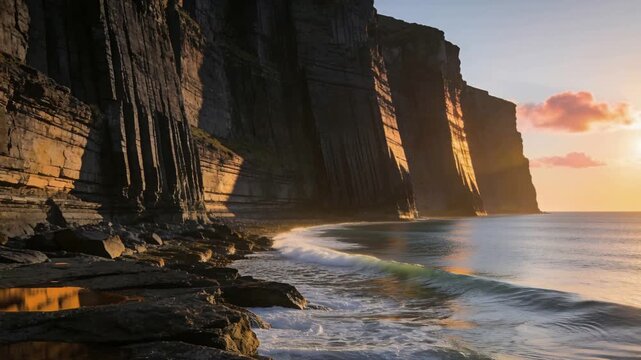Rising tide rolling in pulling water across rock platform at sunset, showing tide pools and cliffs
