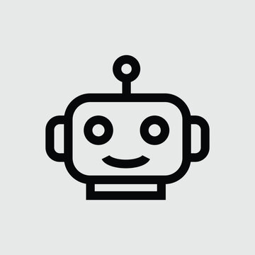 Minimal black outline icon of a friendly robot face with antenna, round eyes, and a smiling expression on a light gray background. Represents artificial intelligence, robotics, chatbots, virtual assis