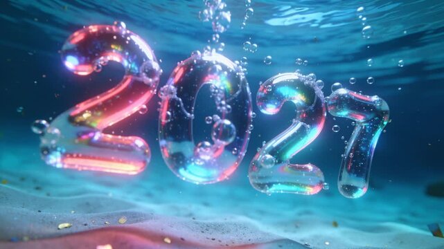 Leaking air, clear 2027 numerals bobbing and rising above seabed scattering bubbles and confetti