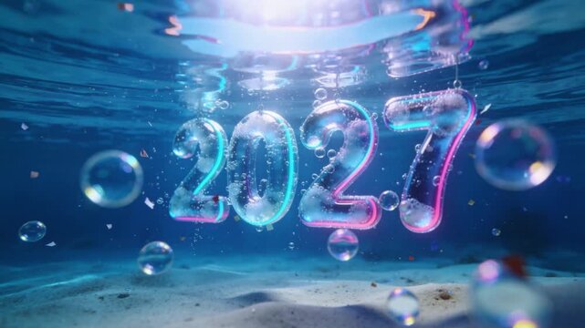 Rising light, 2027 numerals shimmering, shedding bubbles and confetti for reveal with cyan-pink rim