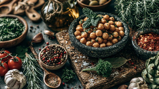 Bowl of healthy roasted chickpeas served with aromatic spices and fresh herbs