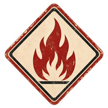 Vintage grunge style flammable warning sign with a distressed red fire symbol inside a diamond frame on white