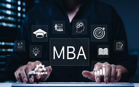 MBA master of business administration degree education concept. Student typing on keyboard with icons of graduation cap, lecture presentation, target, book study, knowledge brain gear, career success
