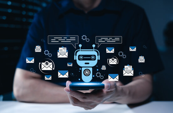 AI email assistant automation concept. Person using smartphone and chatbot, inbox management, automated reply, message sorting, customer communication, workflow efficiency, e-mail generator, auto mail