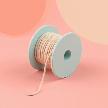 Playful 3D clay style large cable spool reel wound with thick pastel undersea communication cable on pastel coral cream background internet backbone infrastructure concept, generative AI