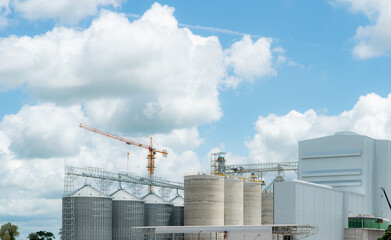 Animal feed factory construction with grain silos and industrial storage tanks under blue sky, showing agricultural infrastructure built for commercial livestock feed production and grain processing. © Fahroni