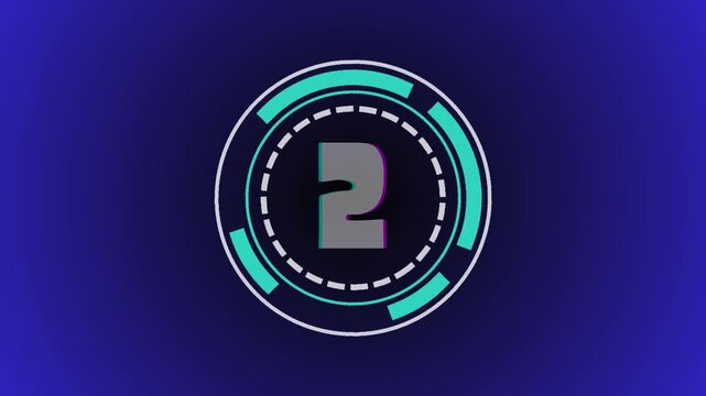 Futuristic countdown timer graphic sequence with glowing teal circle interface elements against deep blue background featuring number three transforming smoothly into modern abstract motion graphics