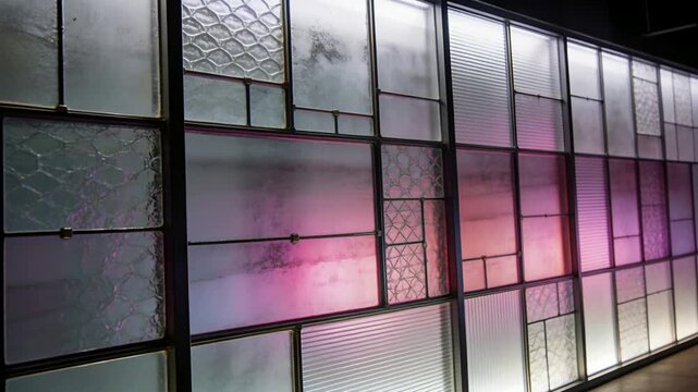 Starting LED cycling colored light across textured glass wall for display, revealing metal grid
