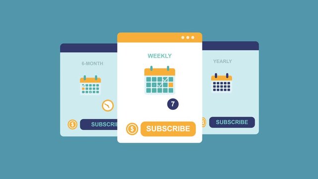 Flat design animation of subscription plans: the monthly card pops up first, then the 3-month and annual cards slide out, calendar days get checked on.