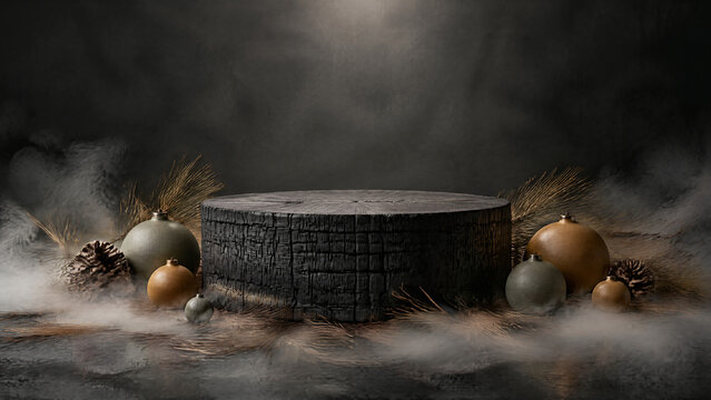 Yakisugi burnt-wood cylindrical podium with sage ceramic orbs and subtle low mist