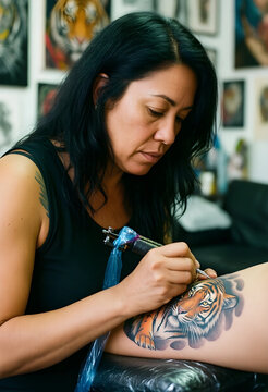 Tattoo artist working on tiger design, creative body art and professional tattooing process in a studio with focus and precision for custom ink work