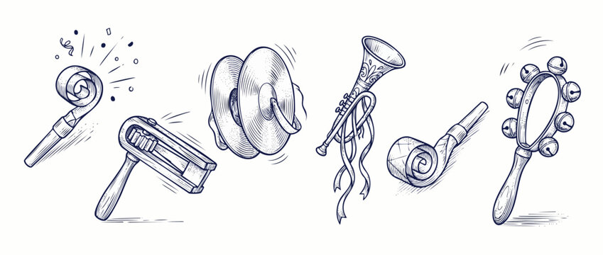 Party noisemaker sketch illustration set featuring vintage gragger cymbals trumpet blowing horn and sleigh bells for purim holiday carnival celebration isolated on white background vector art