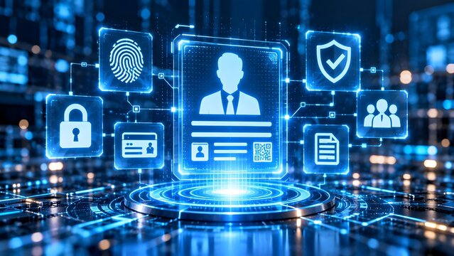 Digital identity verification and biometric authentication hologram with user profile, fingerprint, padlock, and security shield on circuit board