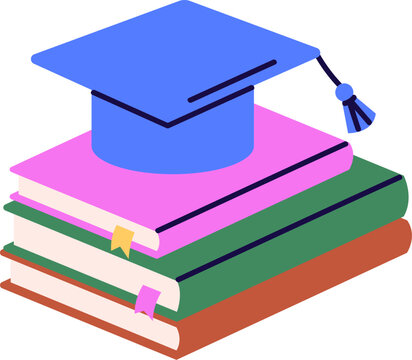 Book stack and bachelor cap, hat. Education and graduation, study for master degree, learning, knowledge concept. Academic literature, textbooks. Flat vector illustration isolated on white background.