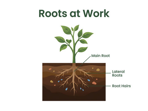 plant root system diagram showing main root lateral roots and root hairs absorbing water in soil layers vector illustration for biology science education infographic on white background